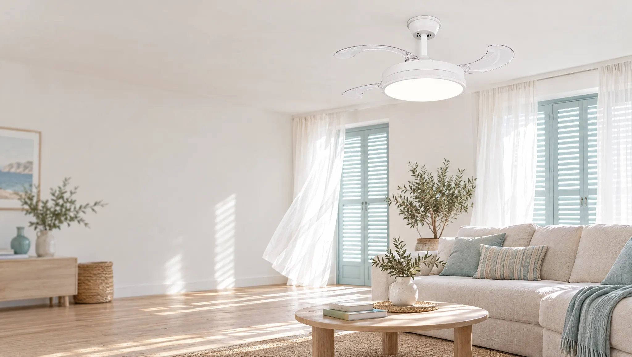Ventilateur de plafond blanc à pales déployées au-dessus d'un salon lumineux, lumière LED allumée